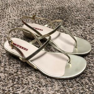 🔥 PRADA 🔥Gold T Strap Wedge Thong Sandal Sz 36.5